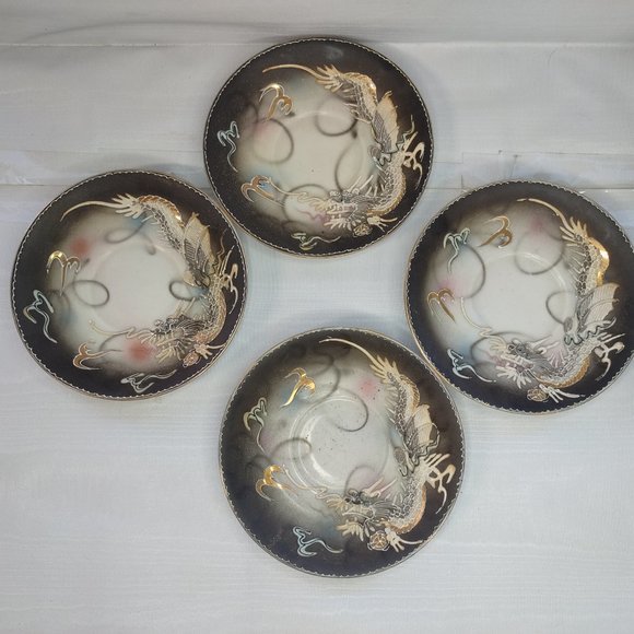 Vintage Occupied Japan Dragonware Tea Cups Saucer Set (4) Moriage Orange Luster - Picture 4 of 12